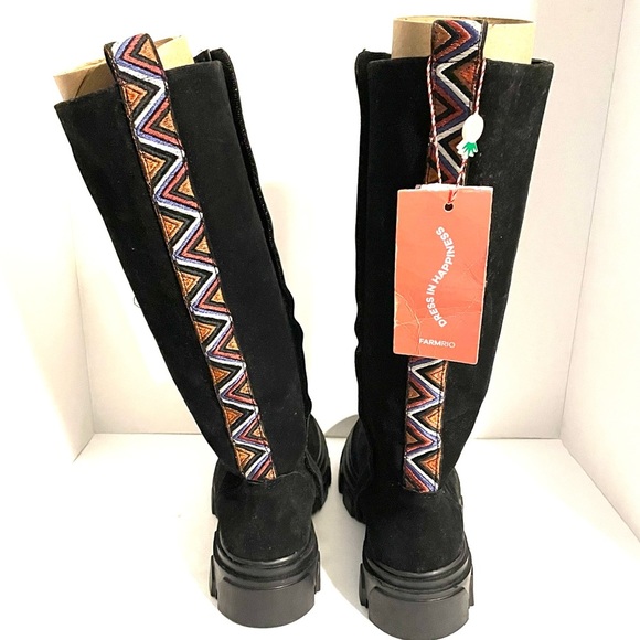 Farm Rio Tall Boot Lug Sole Black Tribal Ribbon MSRP $285 NWOT Sz 7 Vegan Suede - Picture 7 of 14